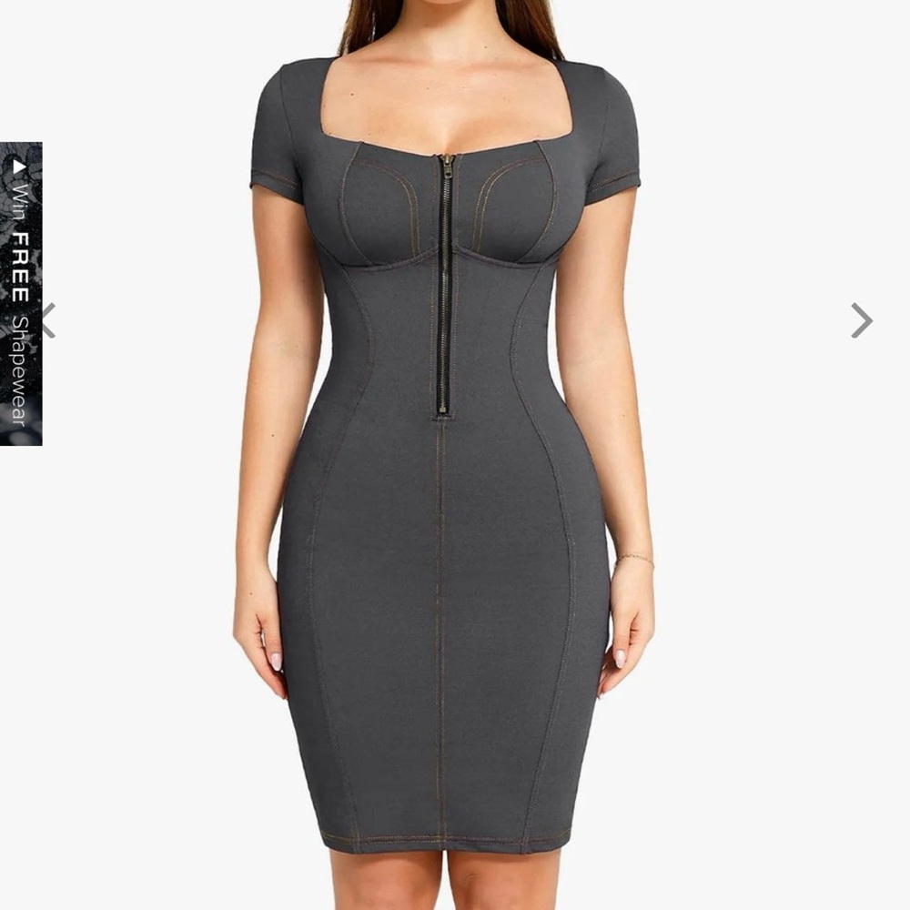 POPILUSH Shapewear Denim Square Neck Tummy Control Midi Dress